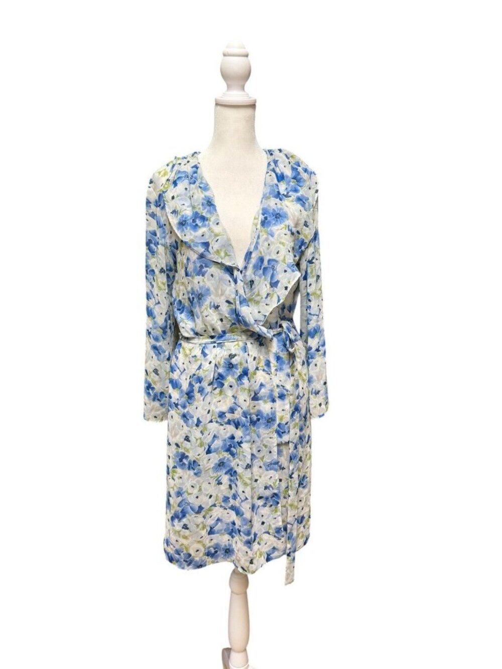 Oscar de la Renta Pink Label Wrap Dress Blue Floral Long Sleeve Size S